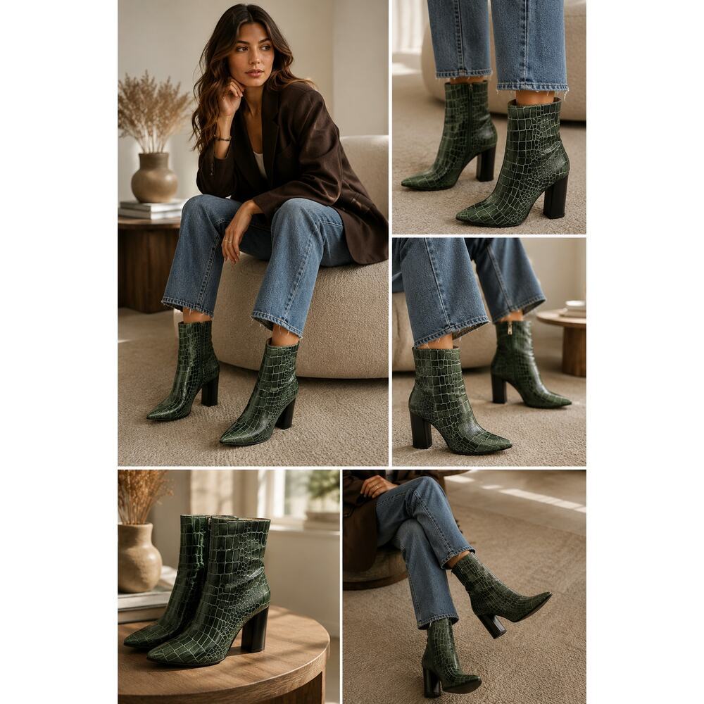 Paige Kaylee Green Croc Embossed Ankle Boots Women’s Size 9 Pointed Toe